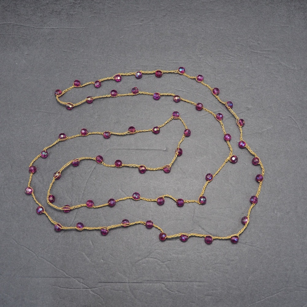 Endless Station Necklace Womens AB Purple Beaded Gold Metalic Cord Layering 64"